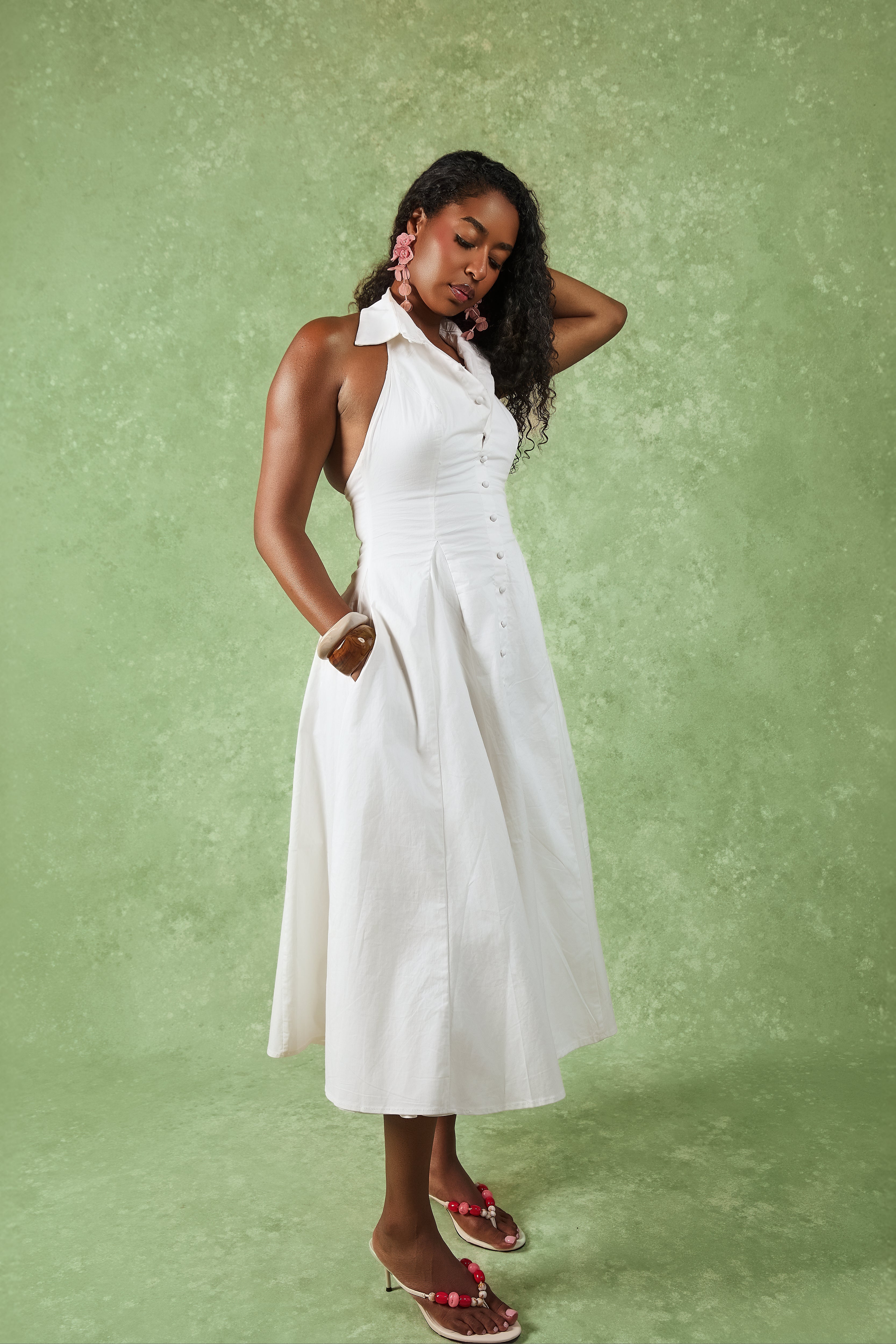 Jaya White Cotton Collared Midi Dress