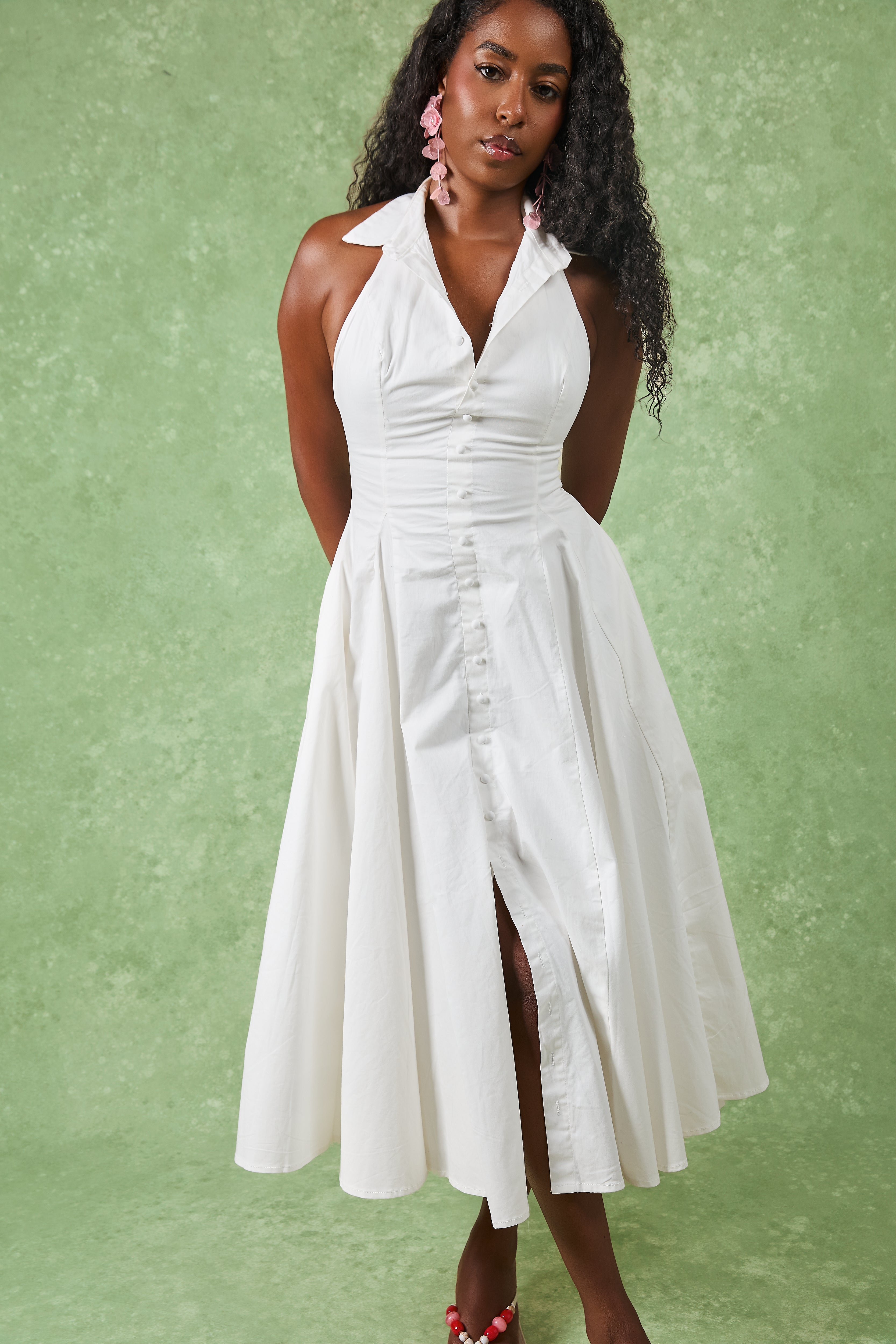 Jaya White Cotton Collared Midi Dress