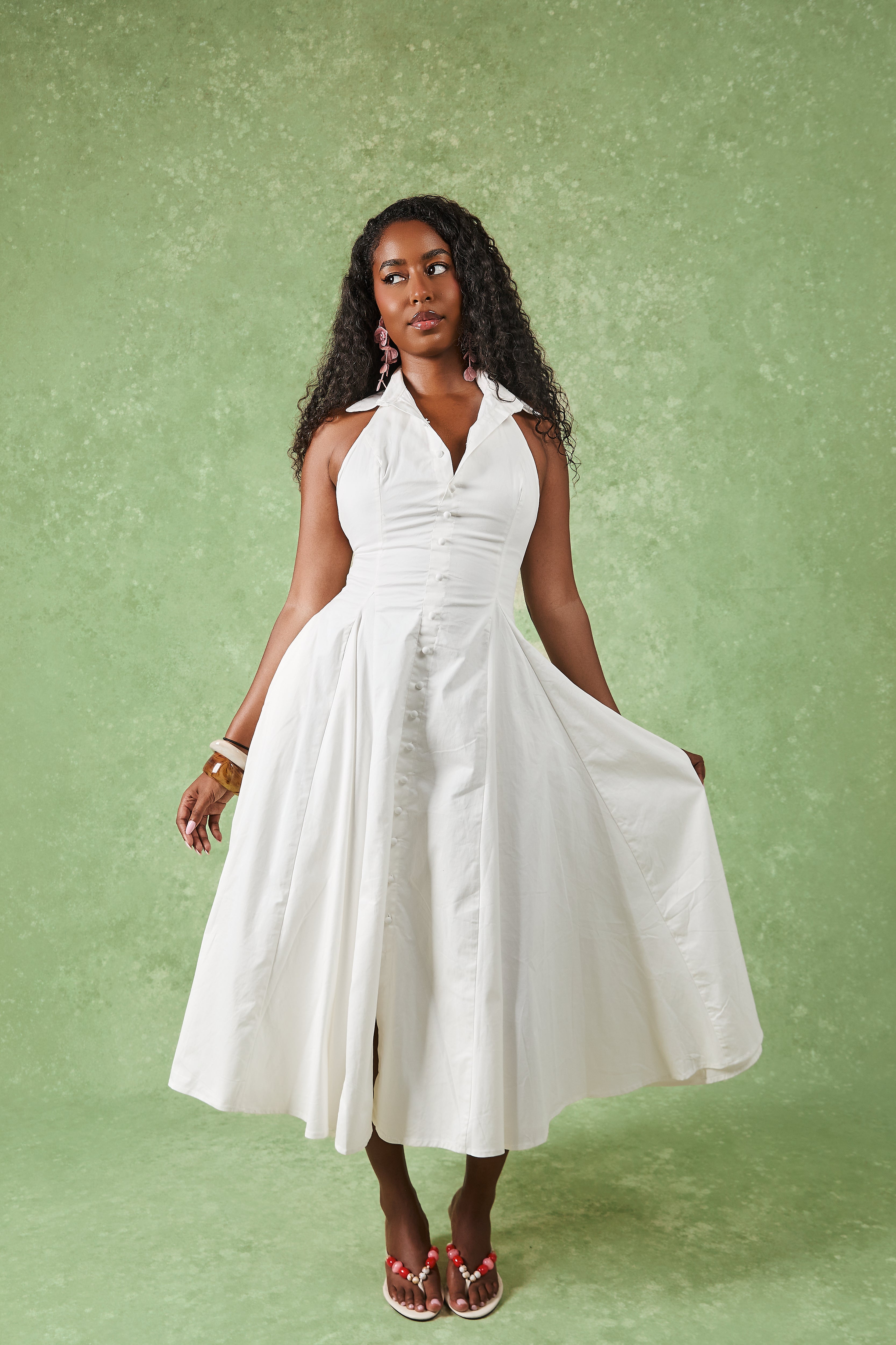 Jaya White Cotton Collared Midi Dress