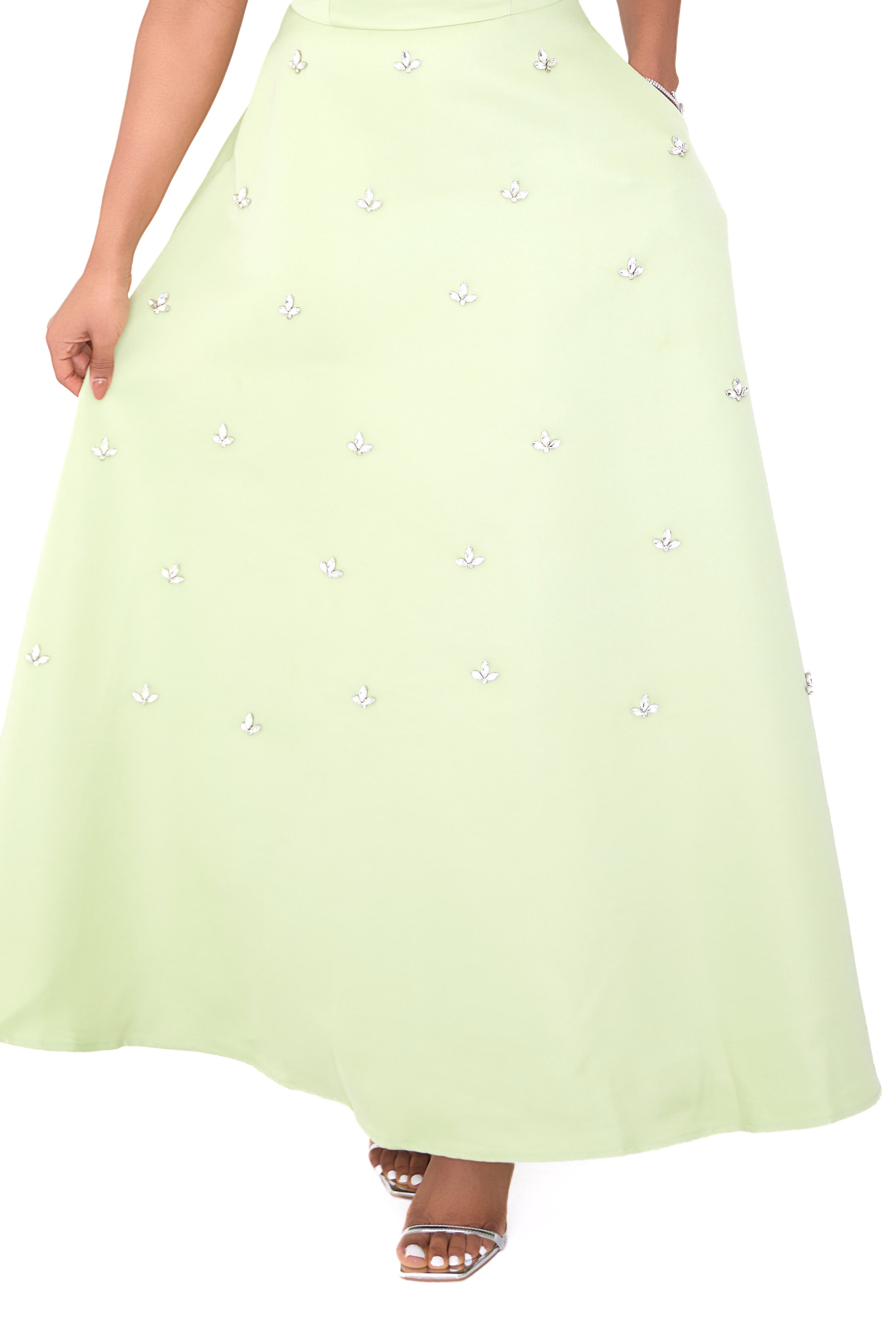 EVELYN — Green Embellished Midi Dress
