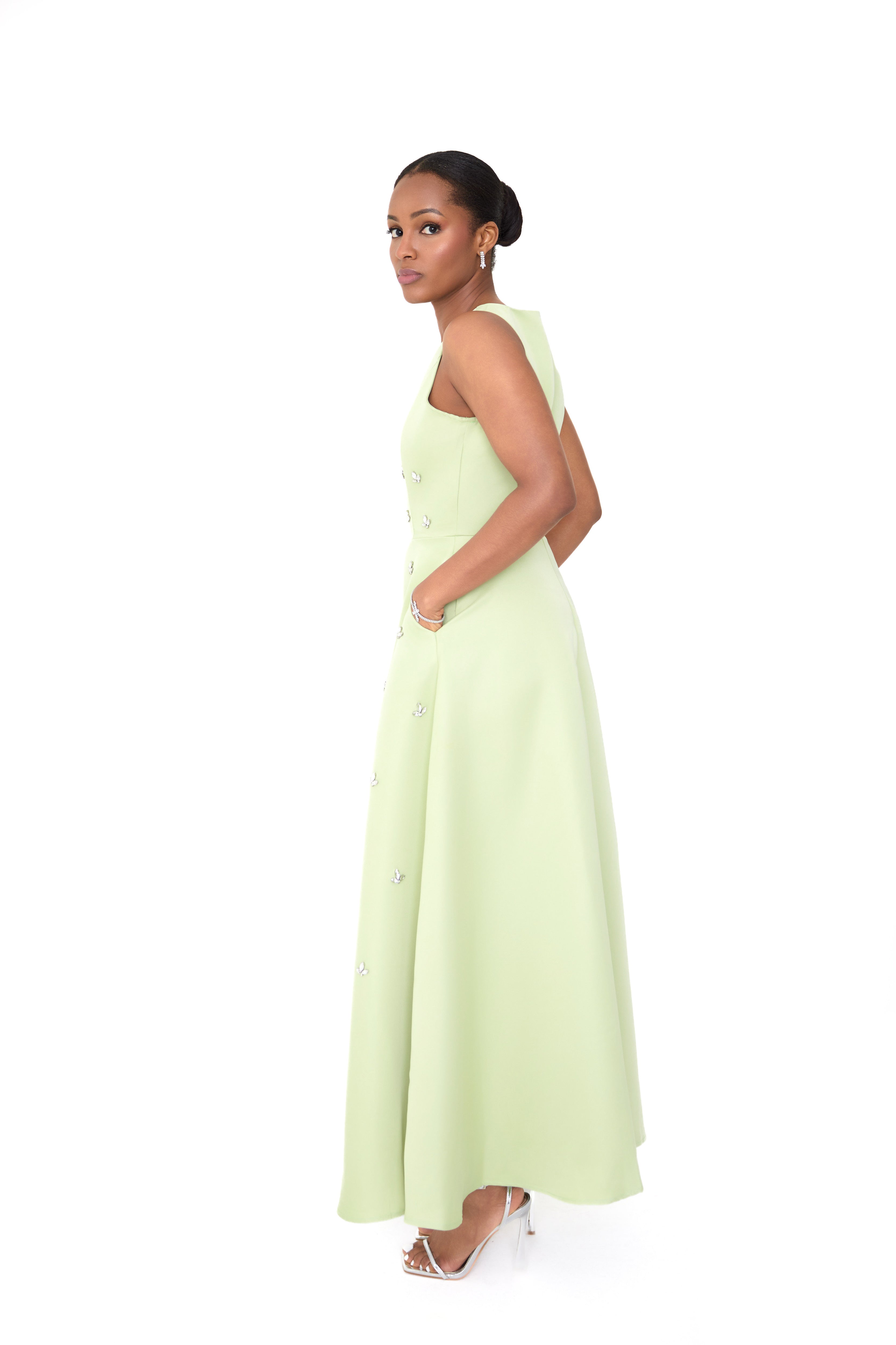 EVELYN — Green Embellished Midi Dress