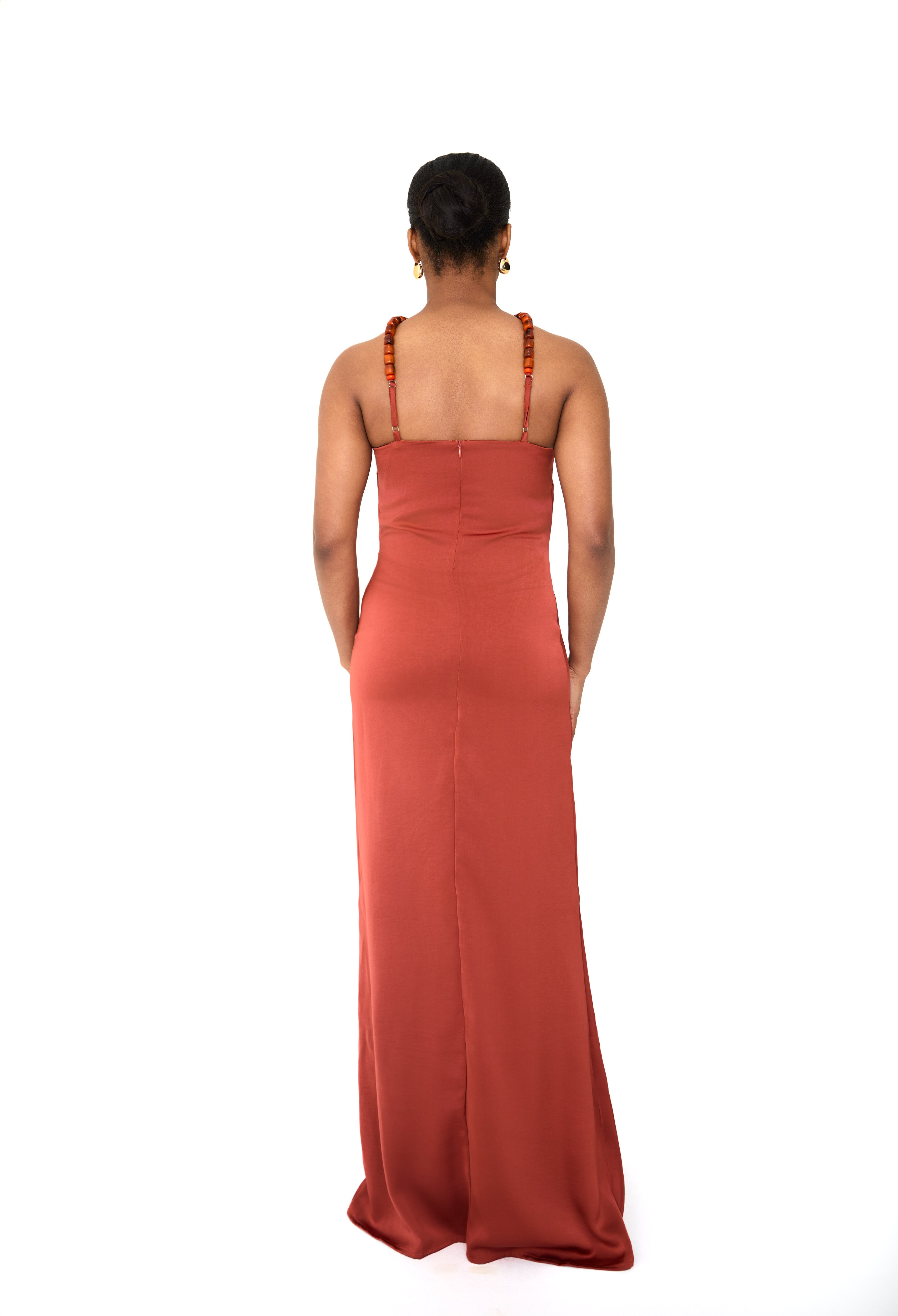 ADA — Burnt Orange Beaded Halter Gown