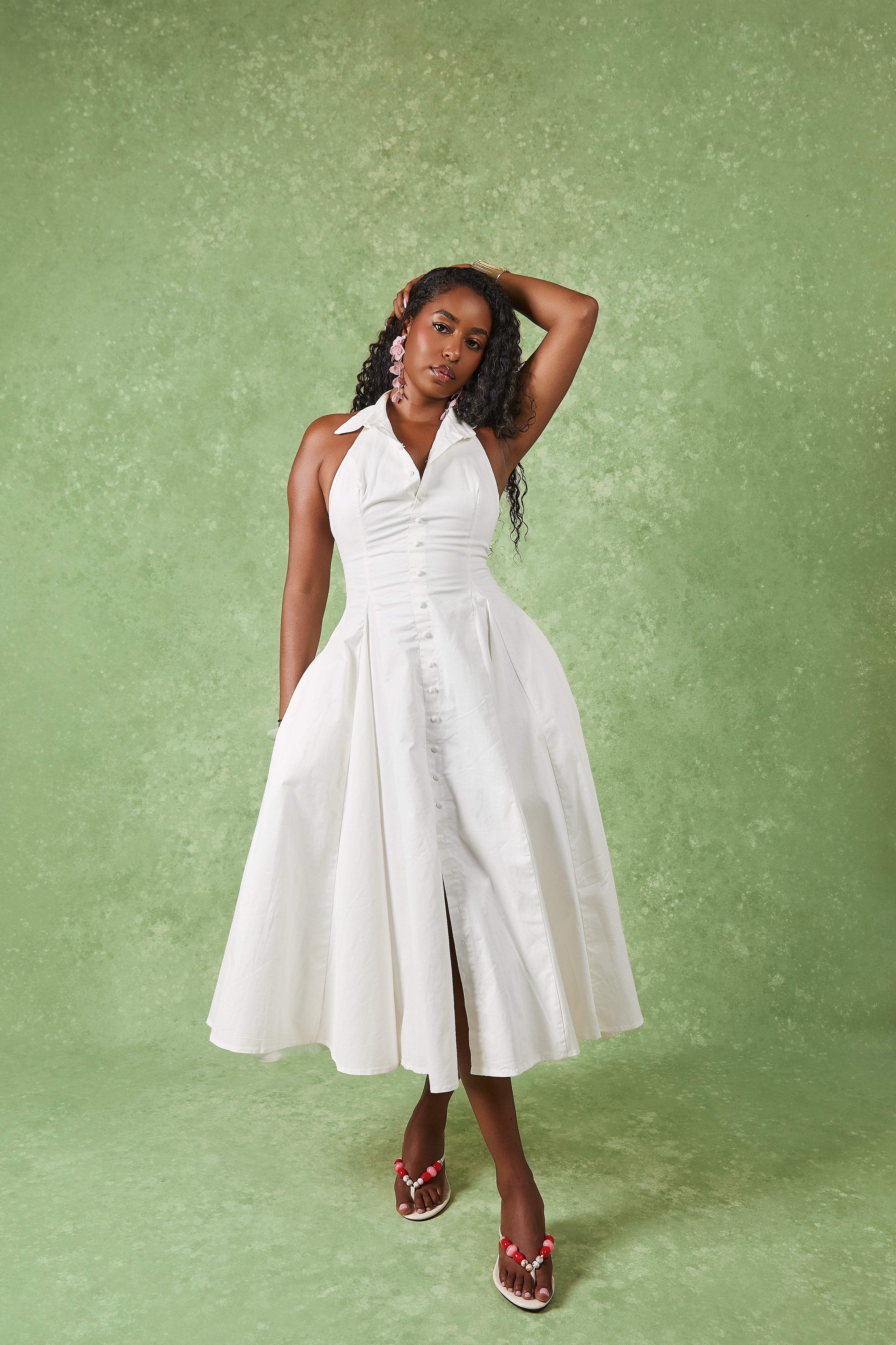 Jaya White Cotton Collared Midi Dress