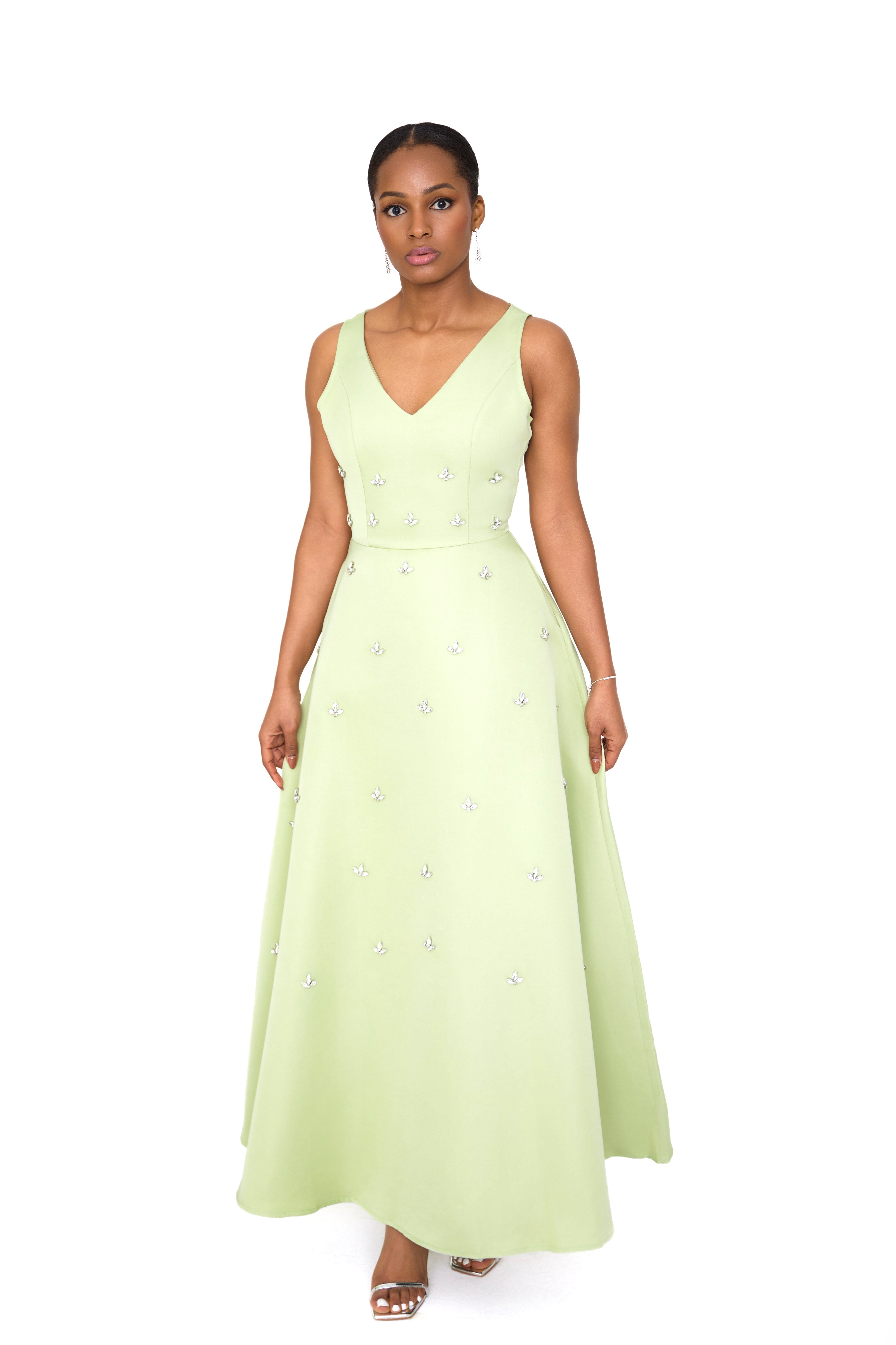 EVELYN — Green Embellished  Midi Dress