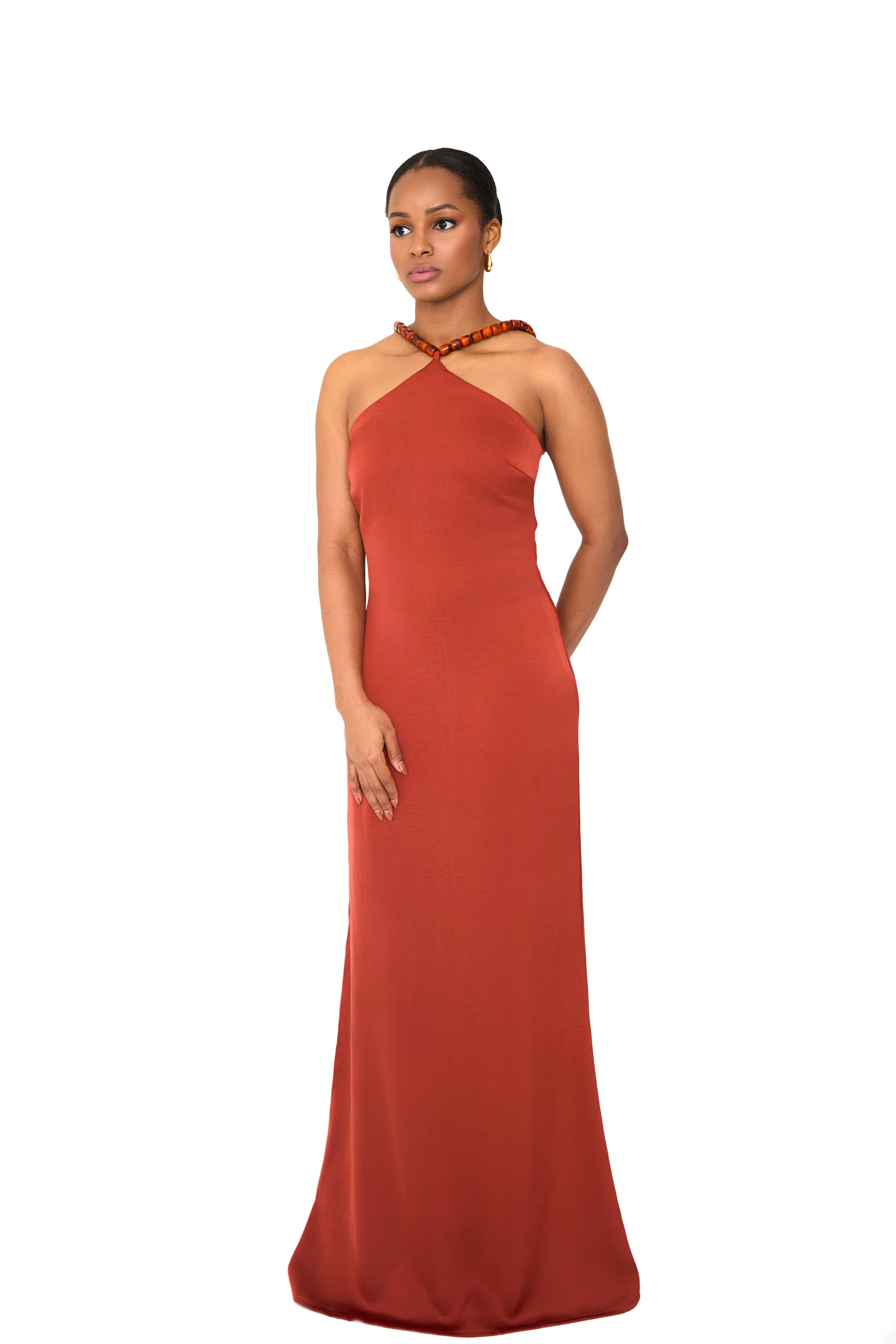 ADA — Burnt Orange Beaded Halter Gown