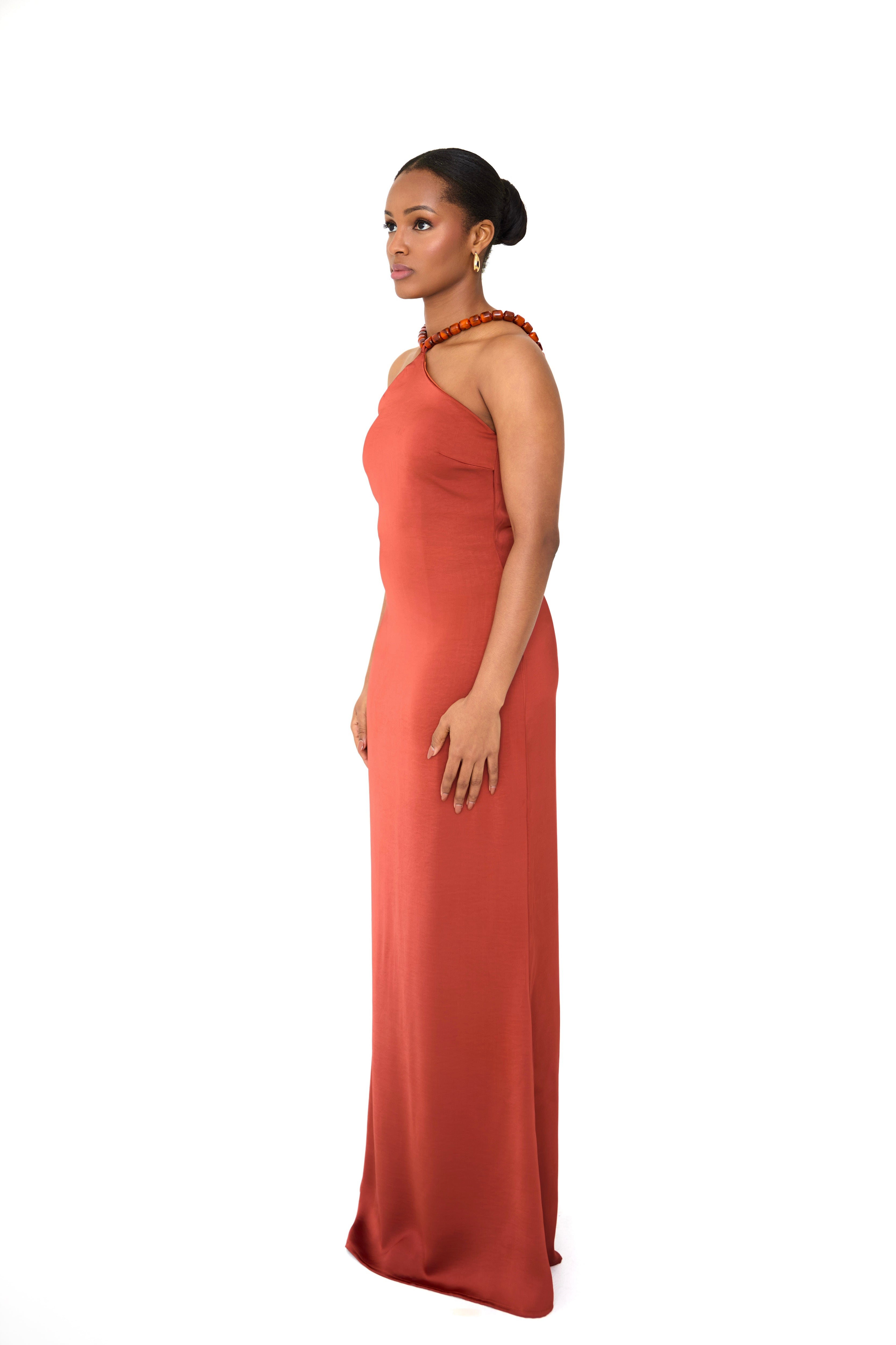 ADA — Burnt Orange Beaded Halter Gown